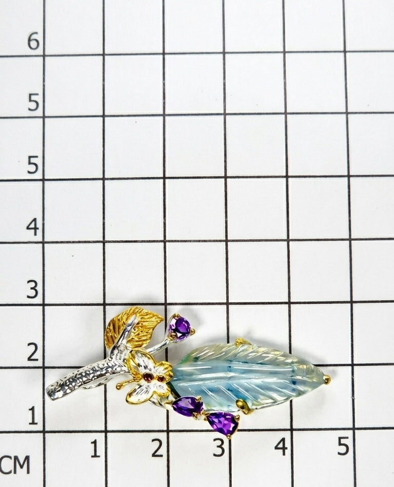 925 silver aquamarine carved leaf necklace, worn view