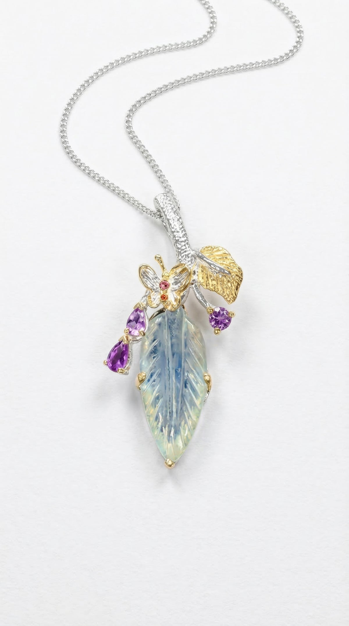 925 silver aquamarine carved leaf necklace, pendant detail