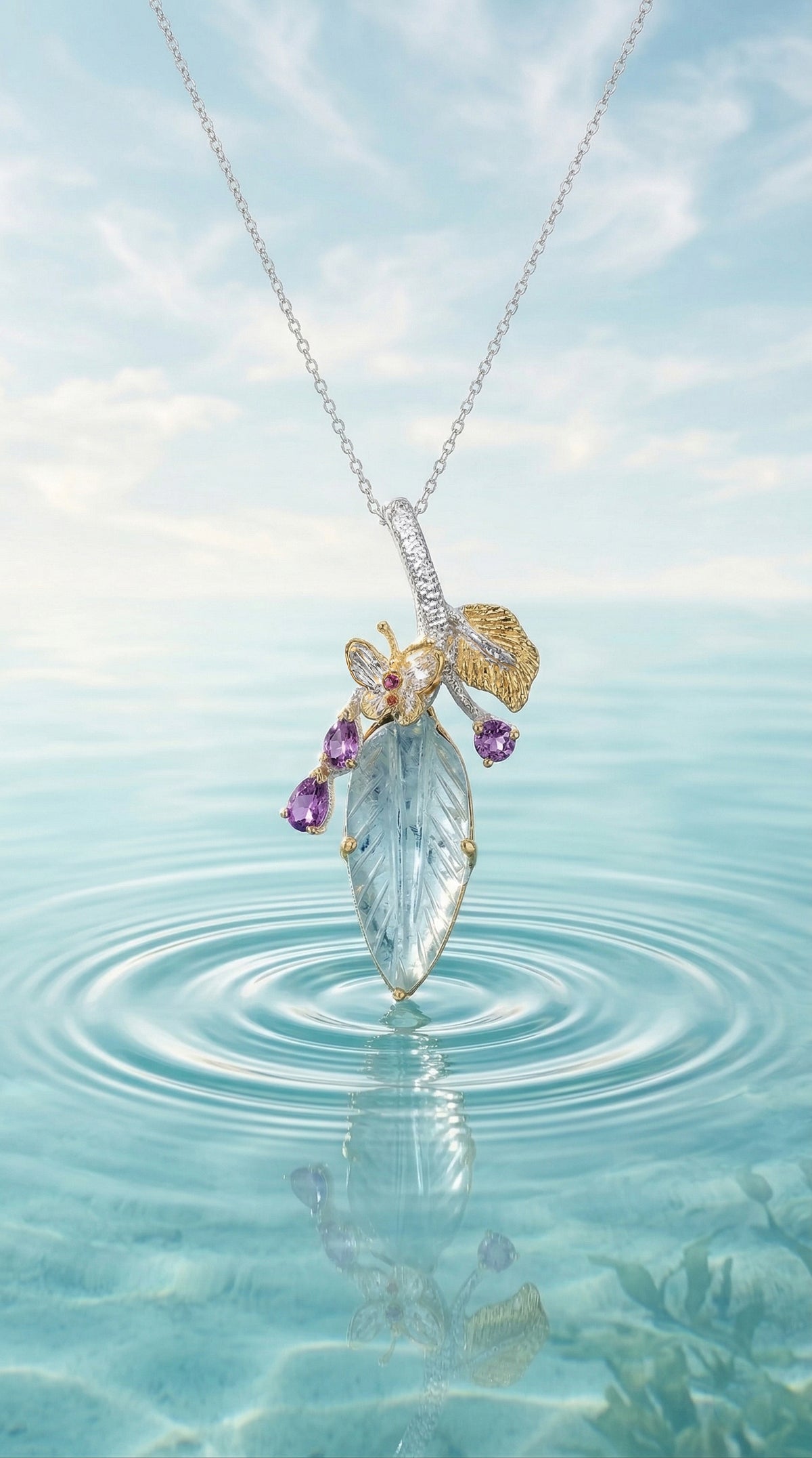 925 silver aquamarine carved leaf necklace, additional angle
