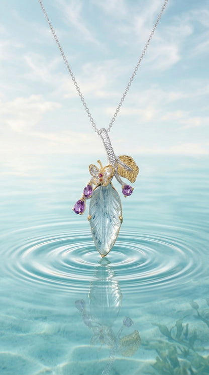 925 silver aquamarine carved leaf necklace, additional angle