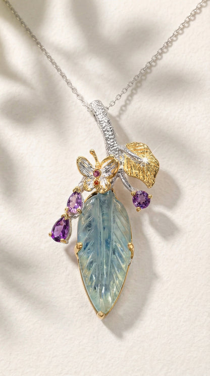 925 silver aquamarine carved leaf necklace, chain detail