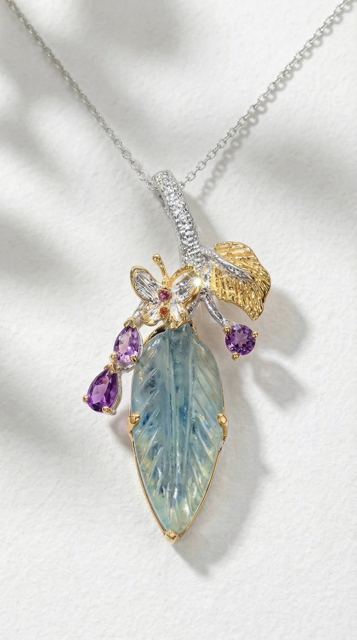 925 silver aquamarine carved leaf necklace, layered look