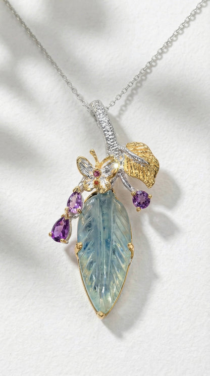925 silver aquamarine carved leaf necklace, layered look