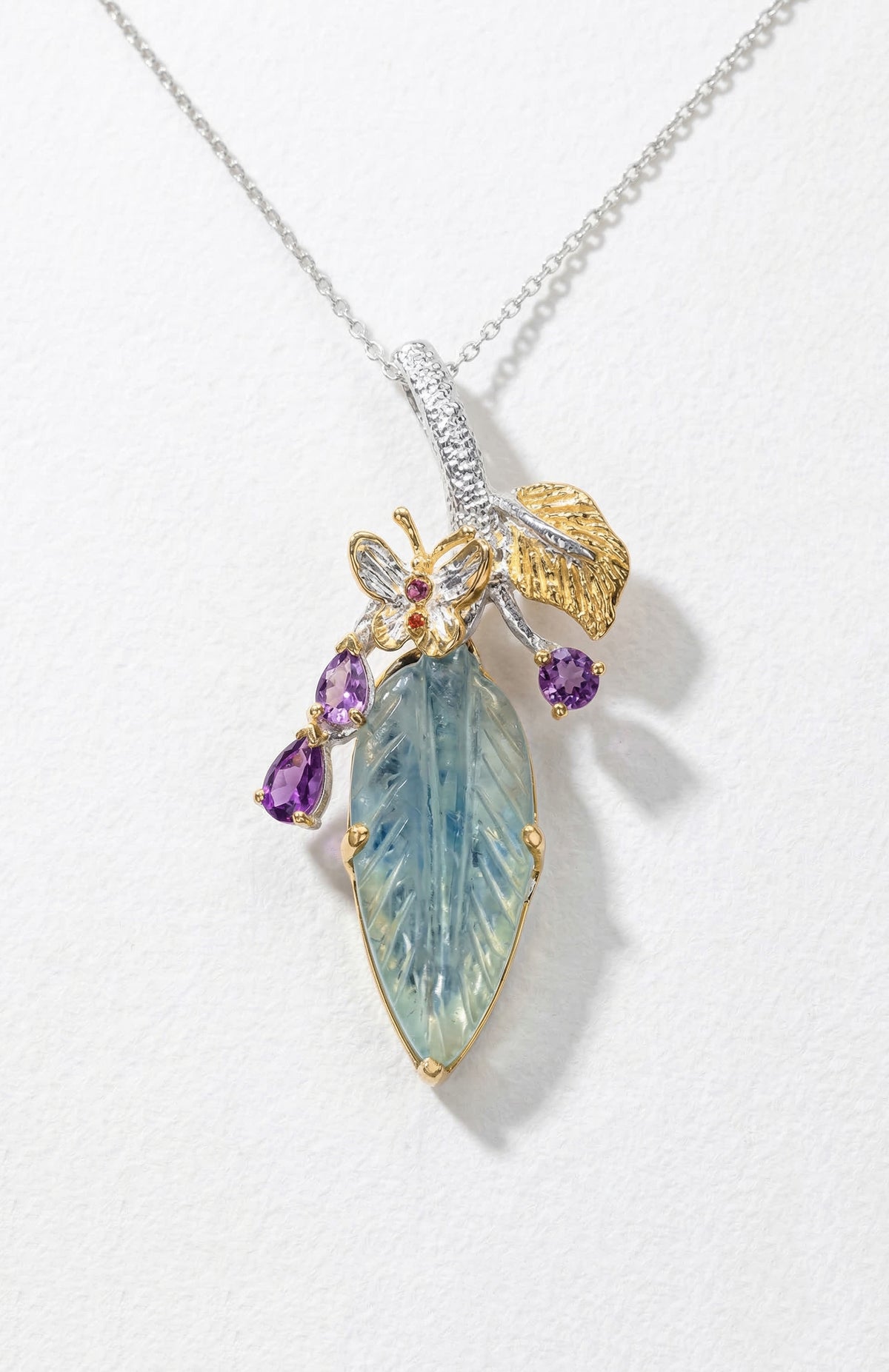 925 silver aquamarine carved leaf necklace, main product image