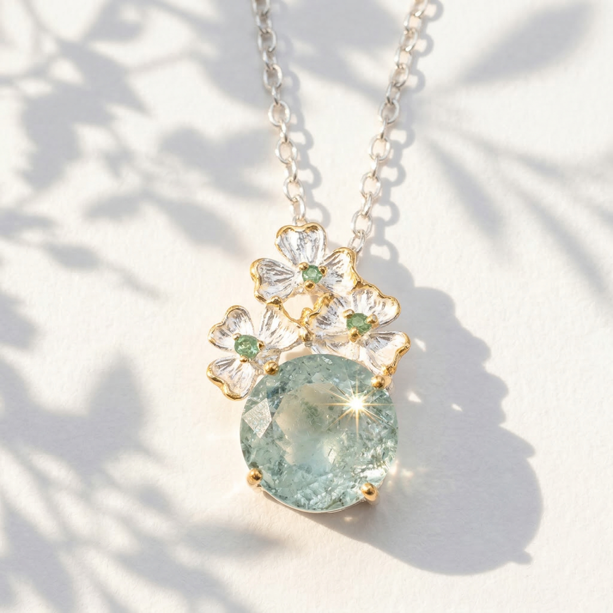 925 silver aquamarine romantic flower necklace, close-up detail