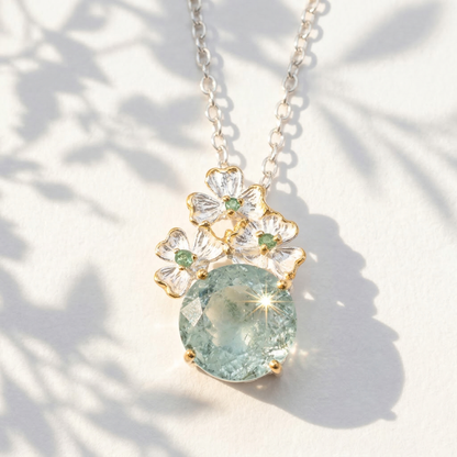925 silver aquamarine romantic flower necklace, close-up detail