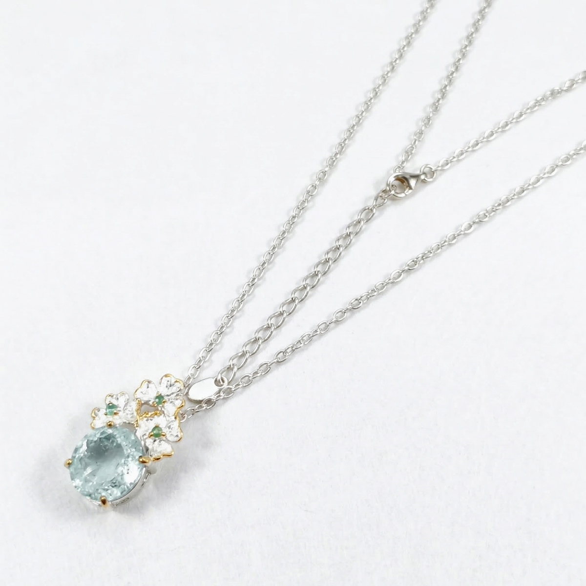 925 silver aquamarine romantic flower necklace, worn view