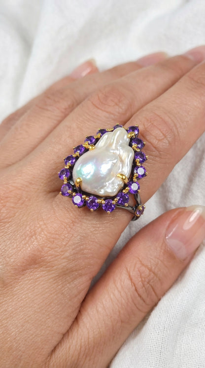 925 silver baroque pearl amethyst ring
