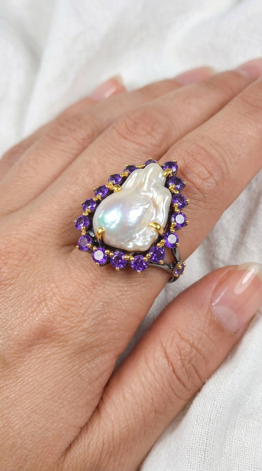 925 silver baroque pearl amethyst ring