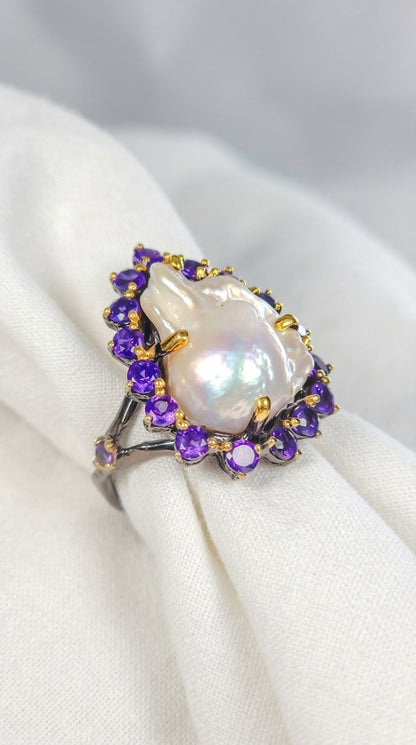 925 silver baroque pearl amethyst ring