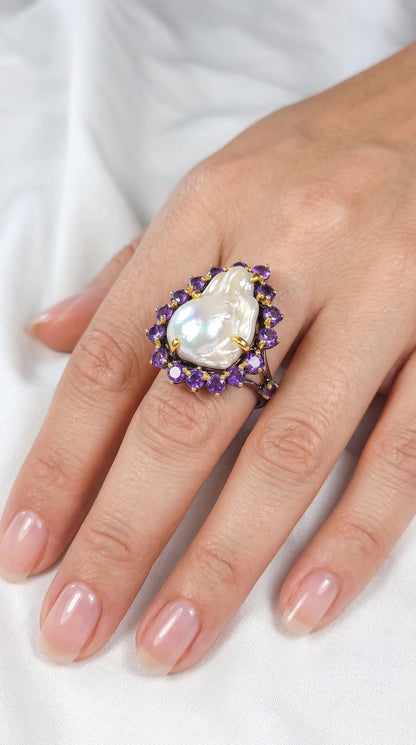 925 silver baroque pearl amethyst ring
