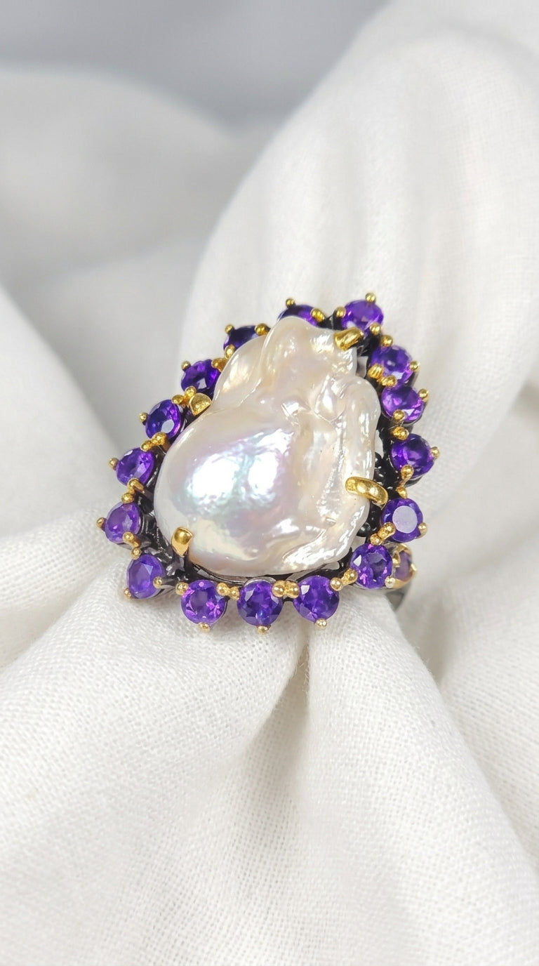 925 silver baroque pearl amethyst ring