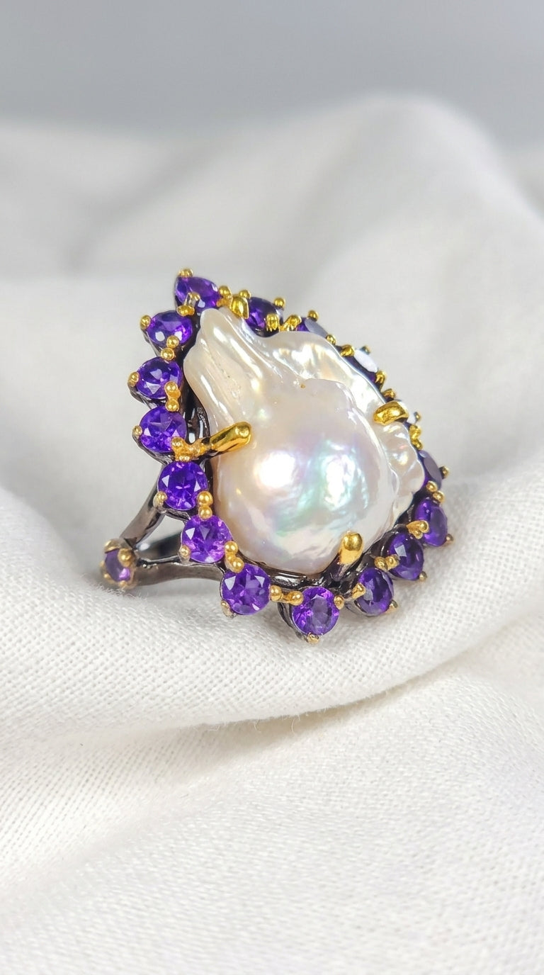 925 silver baroque pearl amethyst ring