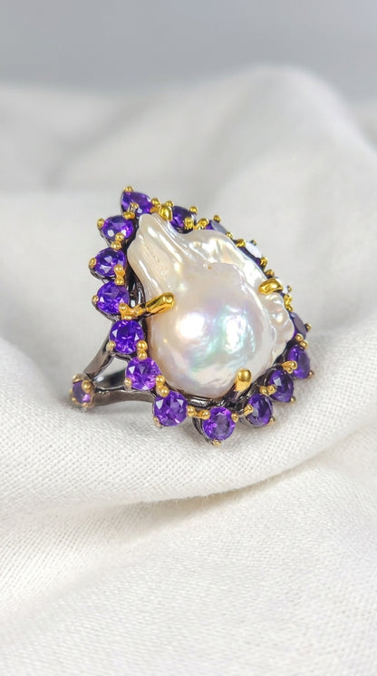 925 silver baroque pearl amethyst ring