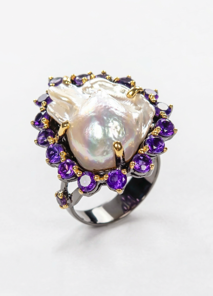 925 silver baroque pearl amethyst ring