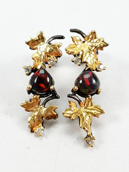 925 silver black opal gemstone earrings, leaf nature statement jewelry
