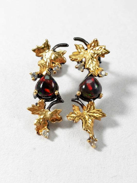 925 silver black opal gemstone earrings, leaf nature statement jewelry