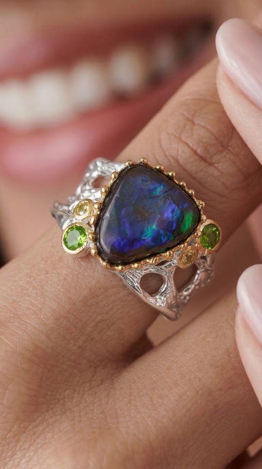 925 silver blue ammolite wide band ring