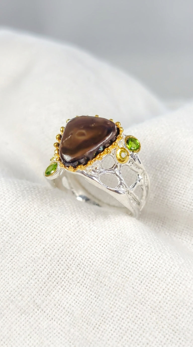 925 silver blue ammolite wide band ring