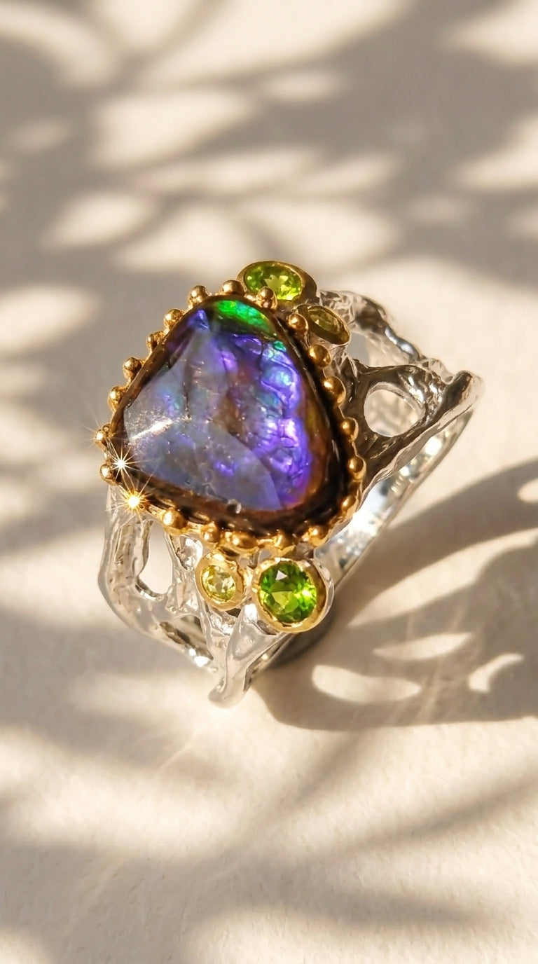 925 silver blue ammolite wide band ring
