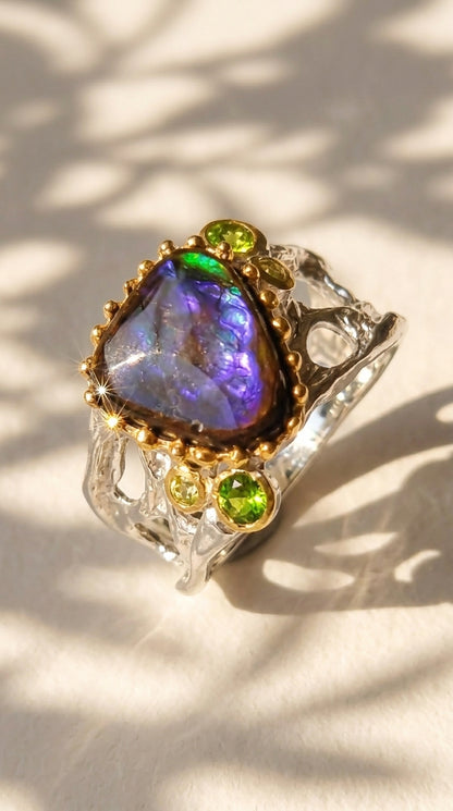 925 silver blue ammolite wide band ring