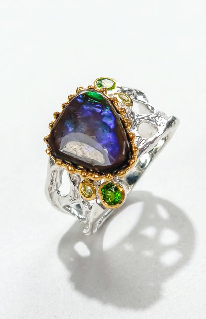 925 silver blue ammolite wide band ring