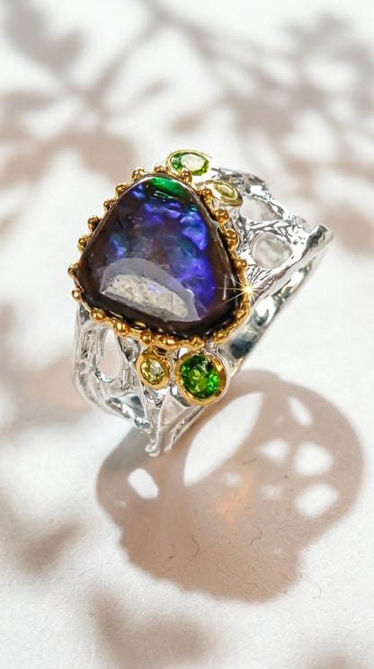 925 silver blue ammolite wide band ring