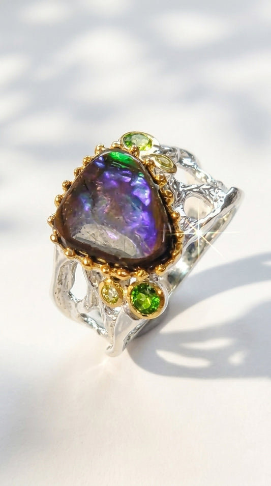925 silver blue ammolite wide band ring