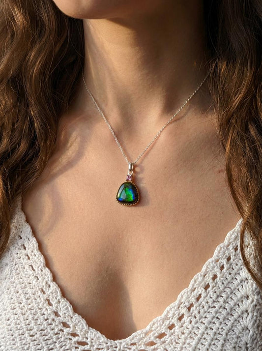 925 silver blue green ammolite necklace