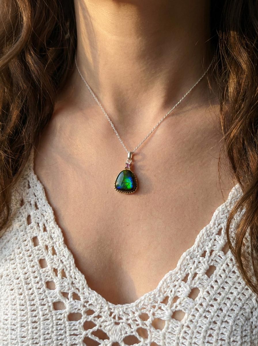 925 silver blue green ammolite necklace