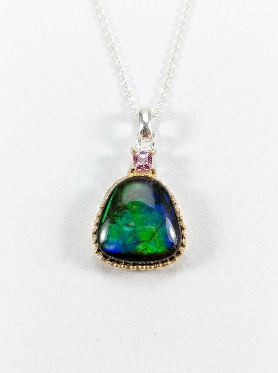 925 silver blue green ammolite necklace
