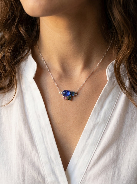 925 silver blue sapphire cluster necklace