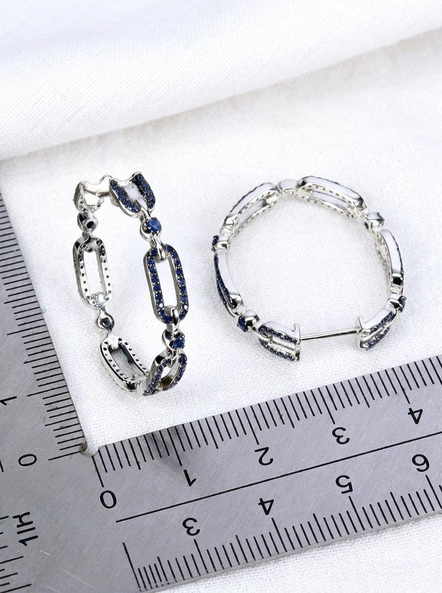 925 silver blue sapphire chain hoop earrings