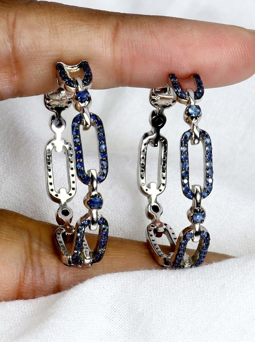 925 silver blue sapphire chain hoop earrings