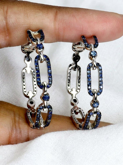 925 silver blue sapphire chain hoop earrings
