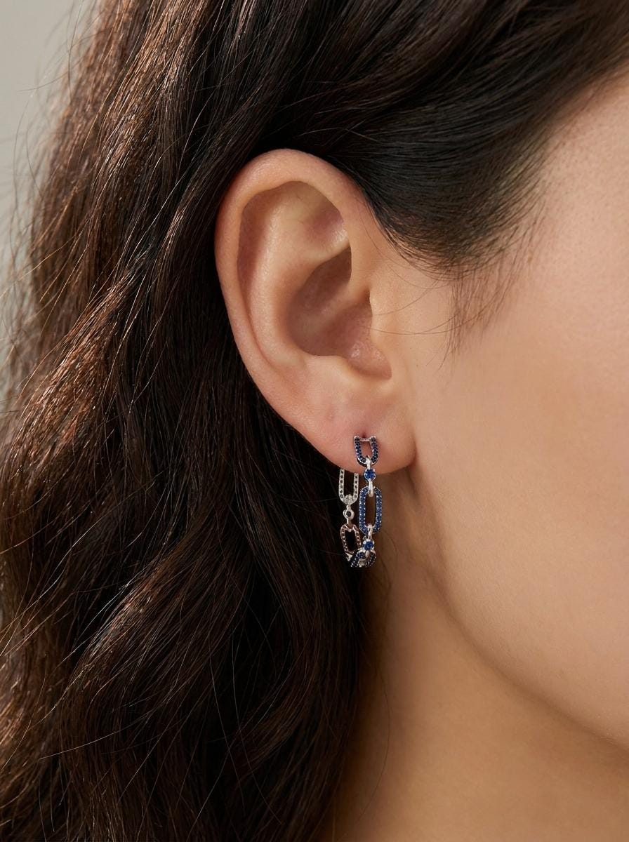 925 silver blue sapphire chain hoop earrings