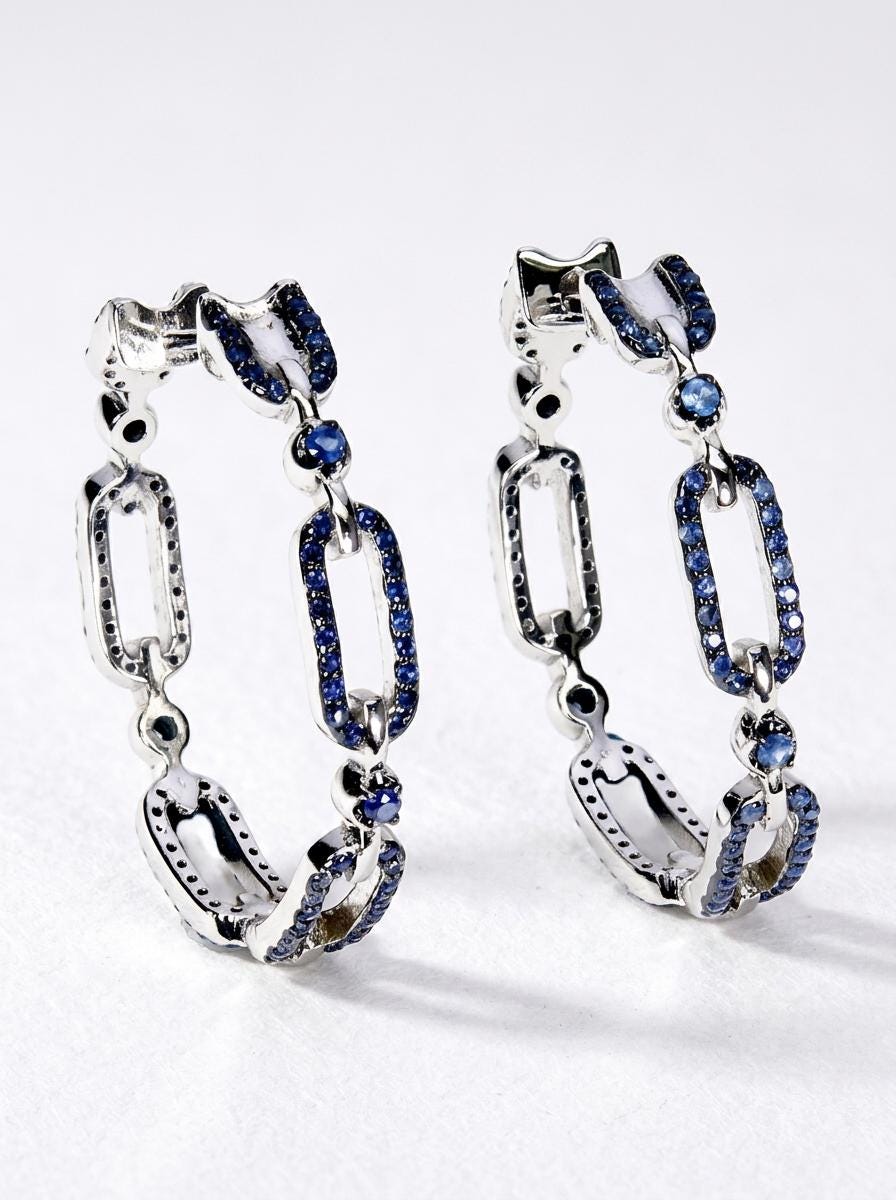 925 silver blue sapphire chain hoop earrings