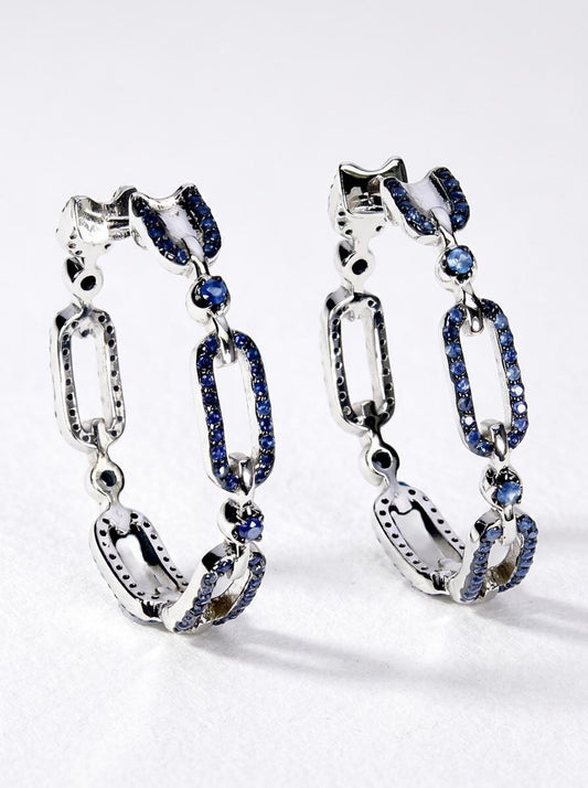 925 silver blue sapphire chain hoop earrings