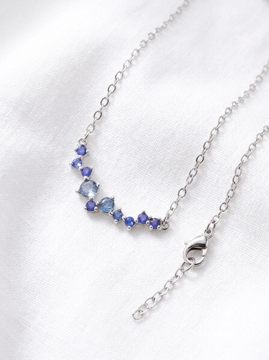 925 silver blue sapphire gemstone necklace, beaded strand handmade jewelry