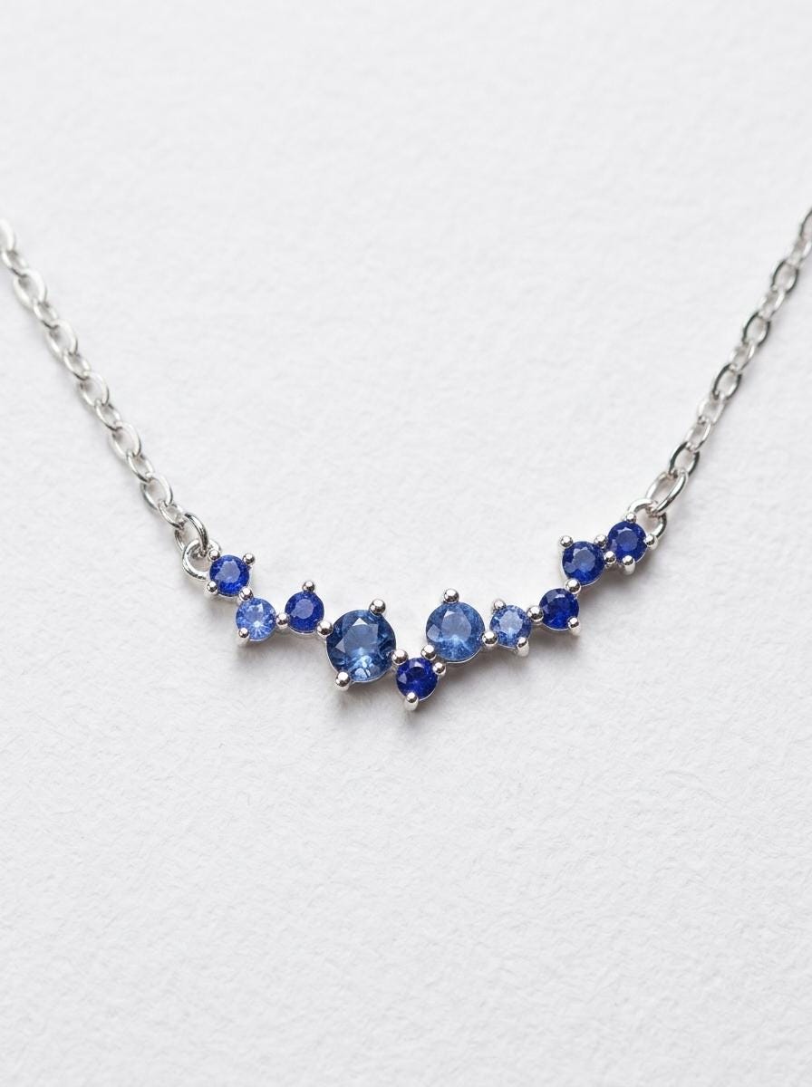 925 silver blue sapphire gemstone necklace, beaded strand handmade jewelry