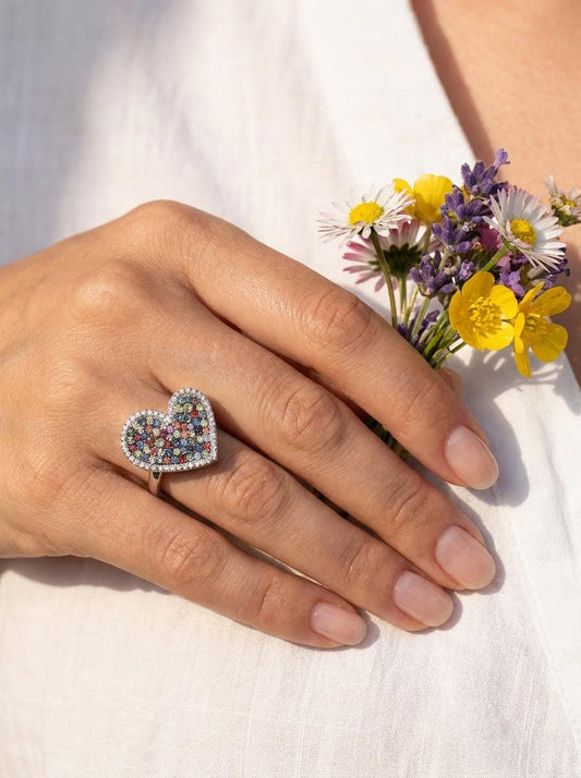 925 silver colorful sapphire pave heart ring
