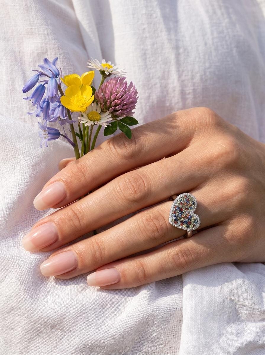 925 silver colorful sapphire pave heart ring