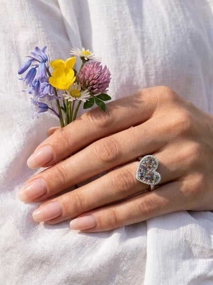 925 silver colorful sapphire pave heart ring