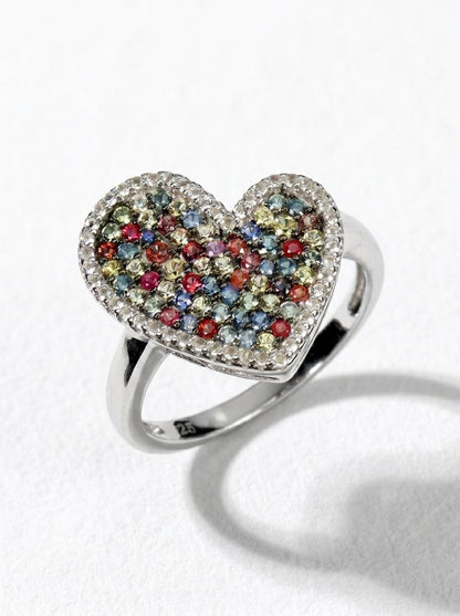 925 silver colorful sapphire pave heart ring