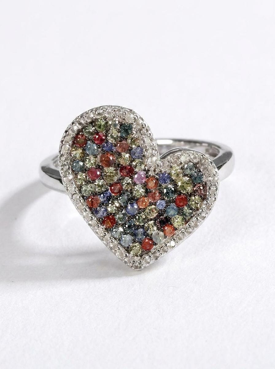 925 silver colorful sapphire pave heart ring