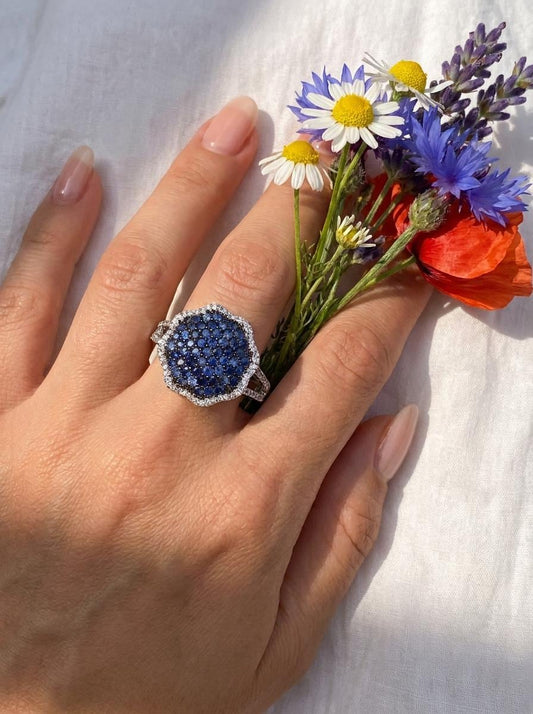 925 silver blue sapphire pave ring
