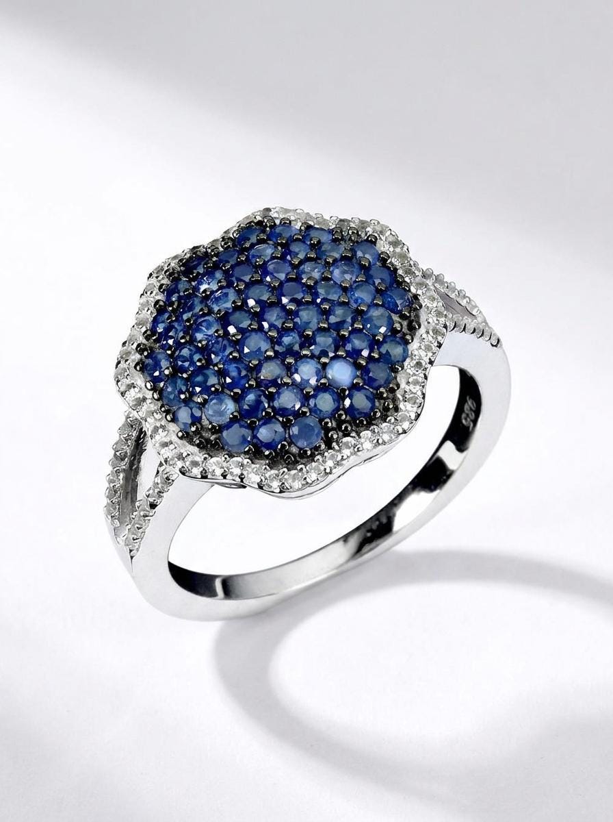 925 silver blue sapphire pave ring