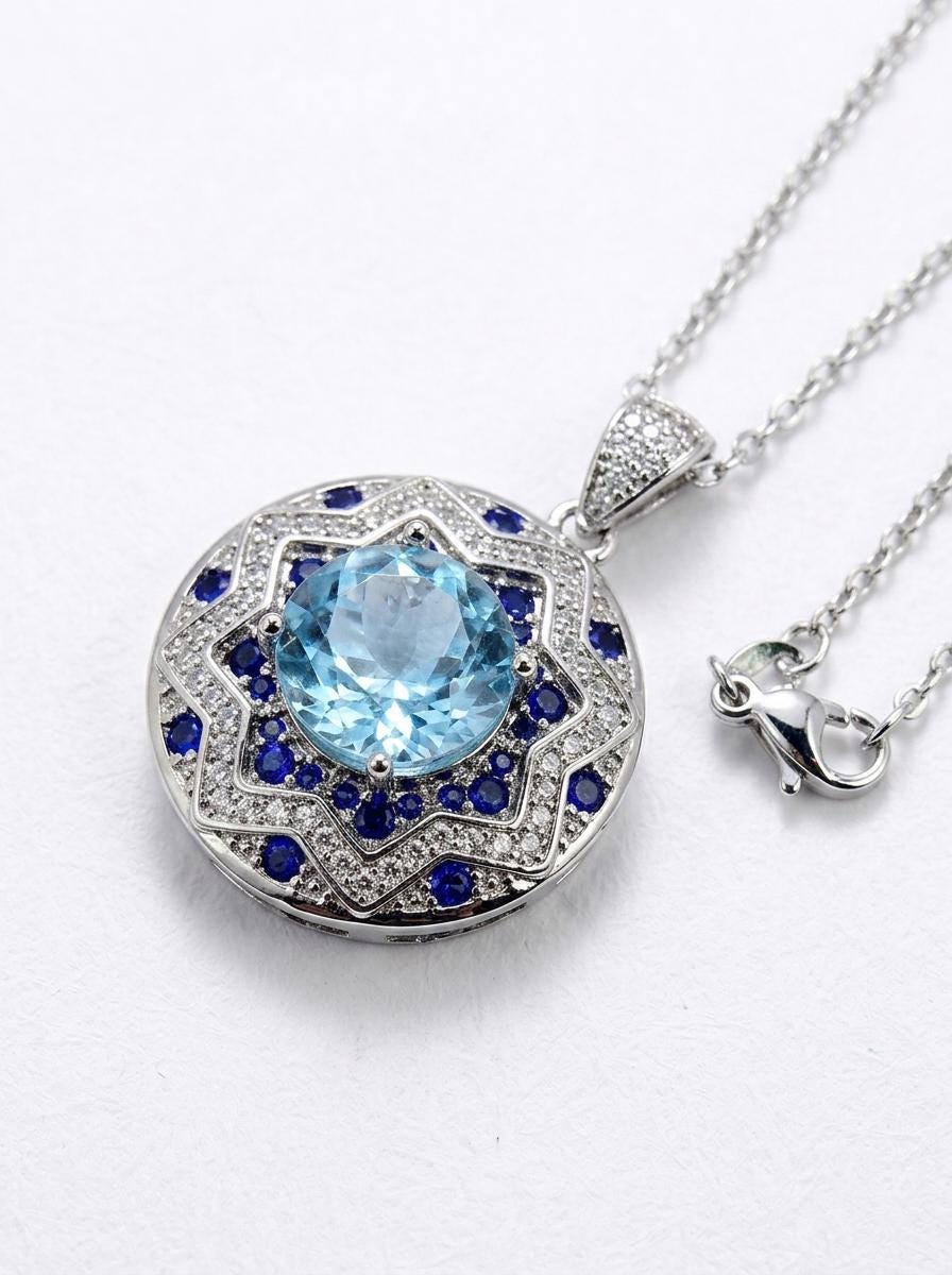 925 silver blue topaz medallion necklace