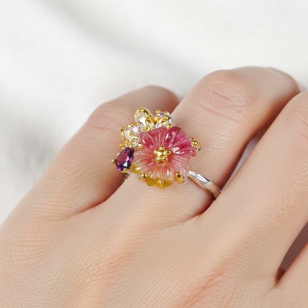 925 silver bouquet tourmaline ring