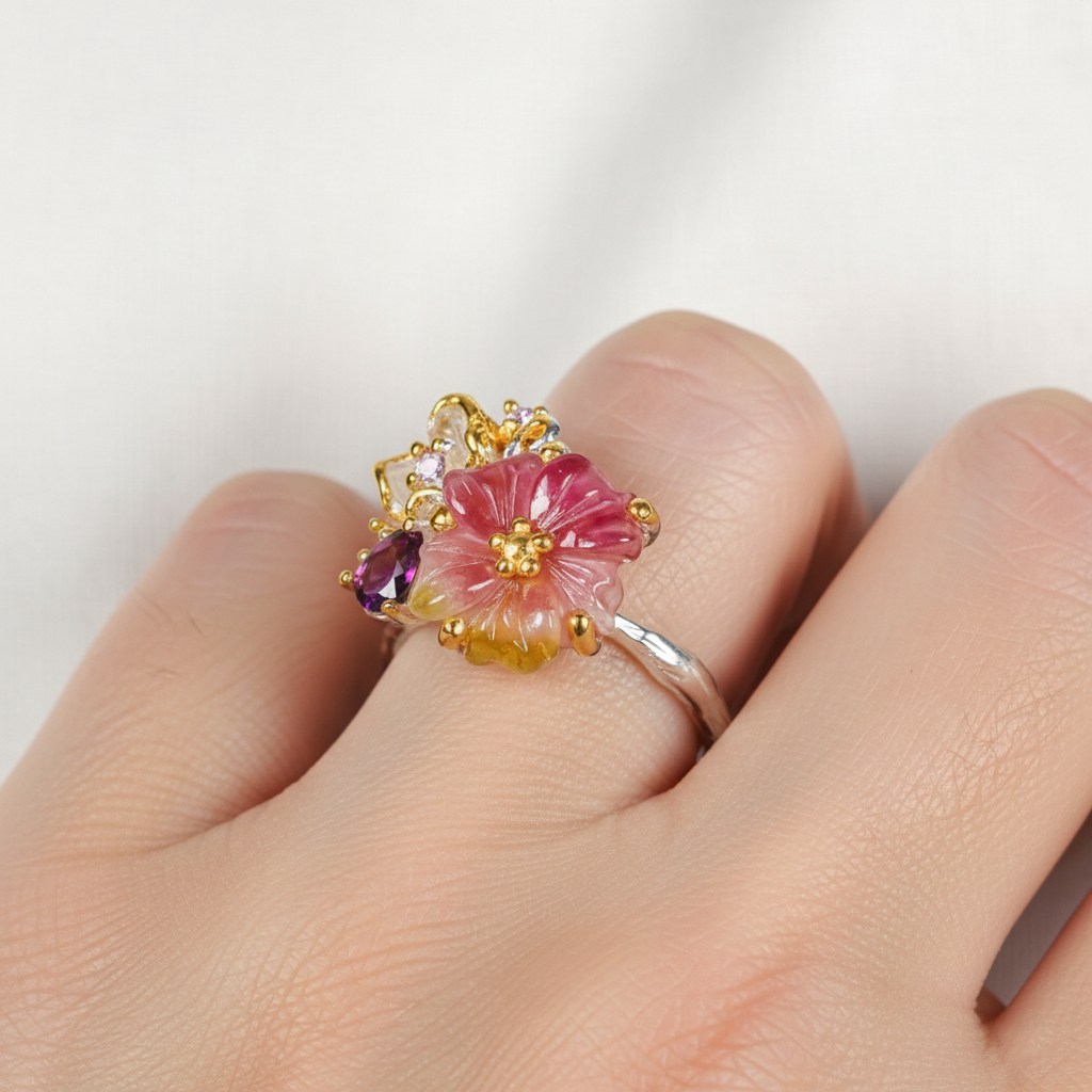 925 silver bouquet tourmaline ring